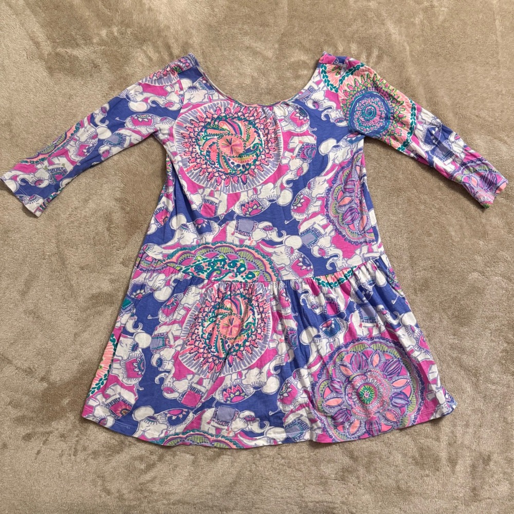 Lilly Pulitzer Girls Pink Blue Elephant Mandala Dress Long Sleeve Cotton Size S